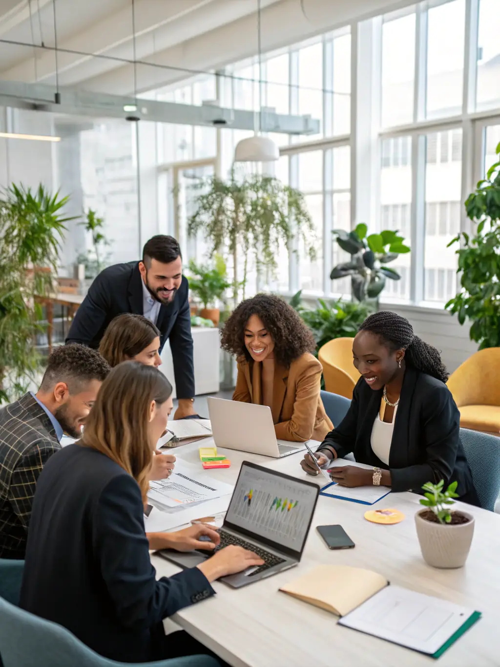 A vibrant image of a diverse group of people engaged in a lively discussion, symbolizing effective communication and collaboration within a business setting. The scene should convey energy and positive interaction.