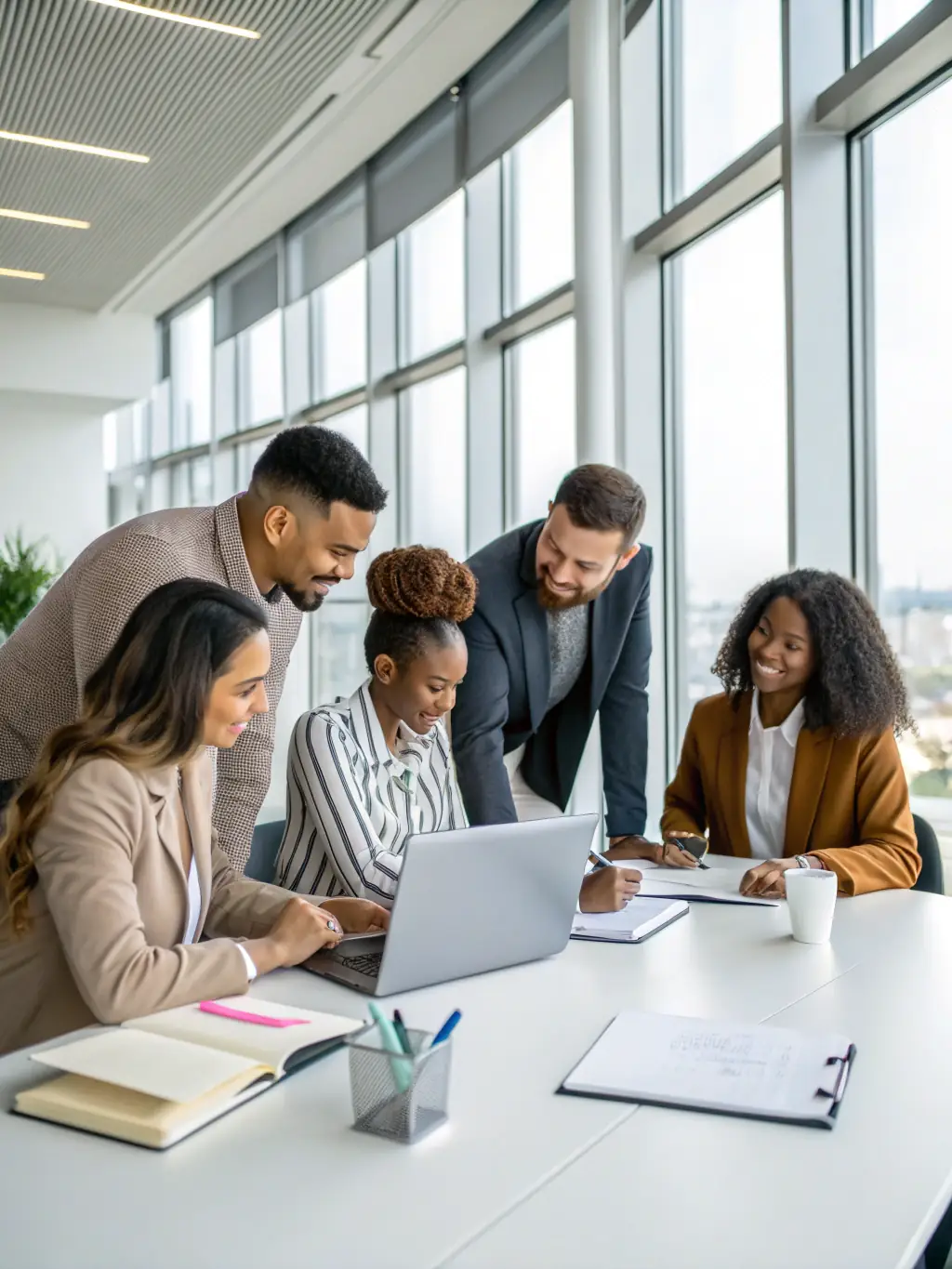A diverse team of communication experts brainstorming ideas around a conference table, representing H Family's collaborative approach to crafting effective communication strategies for small businesses.