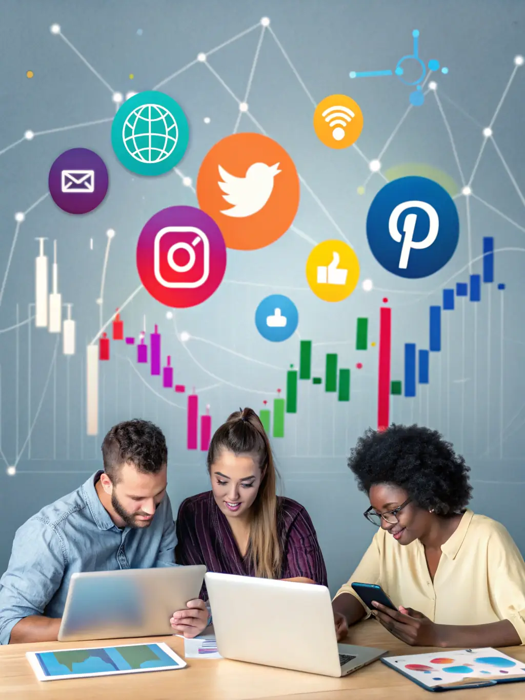 A vibrant image showcasing a team collaborating on communication strategies, with laptops displaying social media analytics and branding mockups.