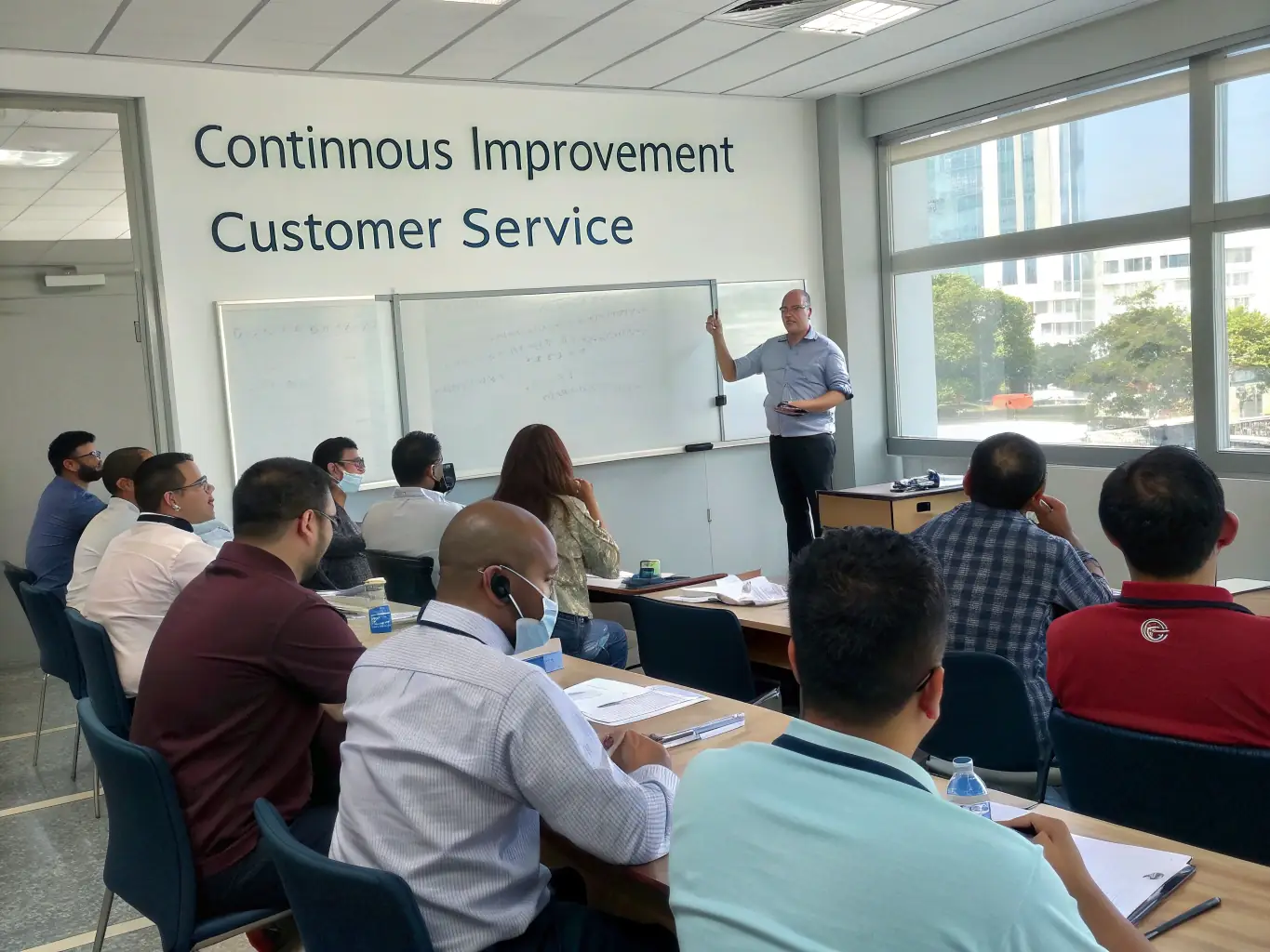 A photo of a trainer leading a workshop on customer service excellence, with participants actively engaged in role-playing scenarios.