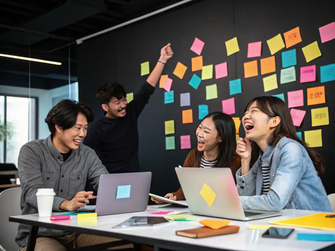 A diverse team of consultants collaborating around a digital whiteboard, brainstorming integration strategies for a small business, with laptops and coffee cups scattered around.