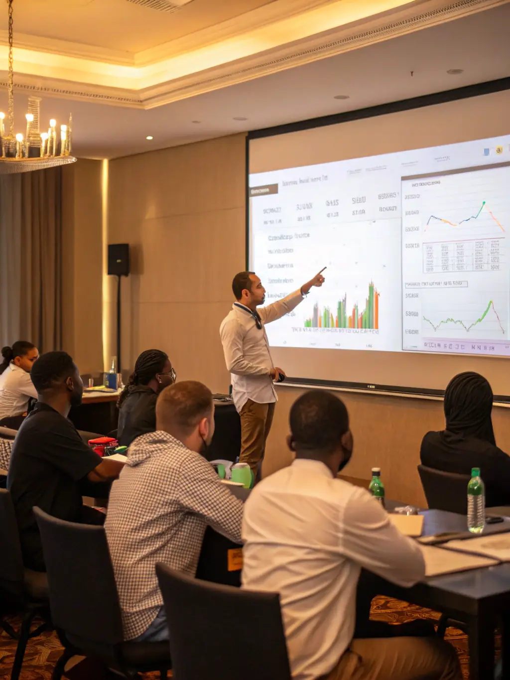 An engaging workshop scene with an instructor leading a training session, small business employees participating in hands-on activities and discussions.