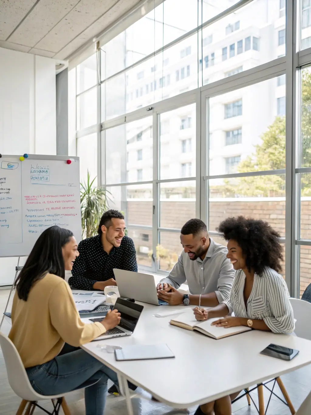 A photograph of a diverse team of H FAMILY consultants collaborating around a whiteboard filled with integration strategy diagrams and flowcharts, showcasing their collaborative approach to problem-solving.
